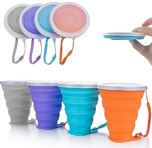 Palwin 4 Stück Faltbarer Reisebecher, 270ml Silikon Faltbarer Trinkbecher | Wiederverwendbares Tragbares Becherset, Versenkbare Zusammenklappbare Reisebecher für Picknick, Camping, Wandern, Reisen