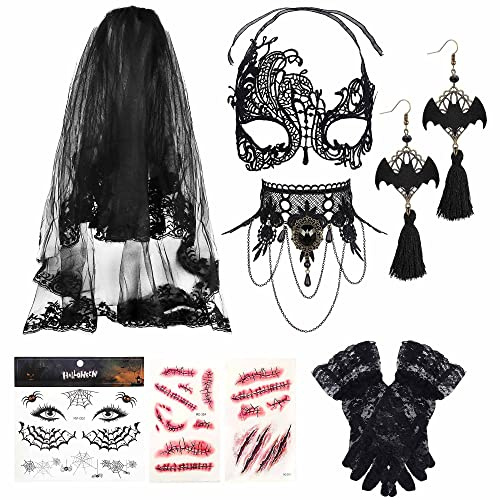 JeryWe Velo di Halloween Maschera Choker Collana Orecchini Tattoo adesivi per le donne Pizzo Masquerade Nero Gotico Choker Guanti Orecchini Dangle Halloween Costume Accessori