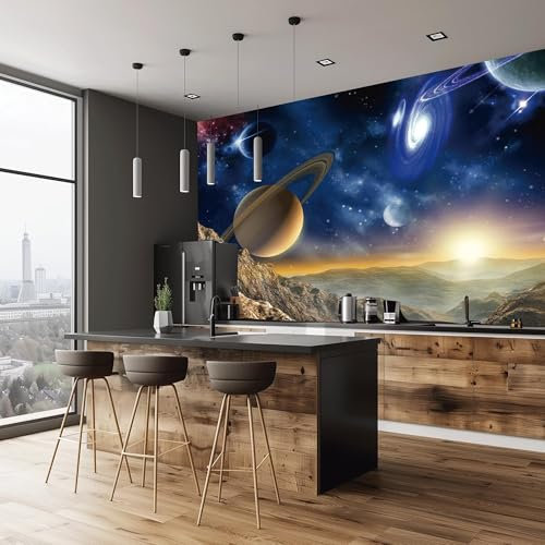 AMUGISH Saturn-Tapete, Weltraum-Planetentapete, Galaxie, Planet, Wandbild für Schlafzimmer, Wohnzimmer (346 cm B x 274 cm H Vlies)