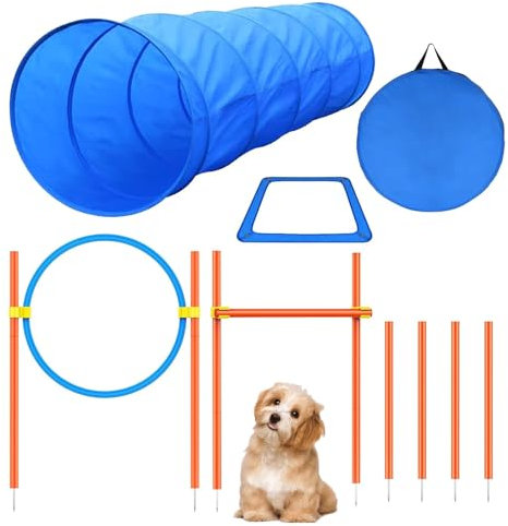 Hunde-Agility-Trainingsausrüstung, Hindernistraining-Starter-Set, Haustier-Spielplatz Im Hinterhof, Inklusive Hundetunnel, Hüpfring, Hochsprung, 4 Geflochtene Stangen, Aufhängebox Mit Tragetasche