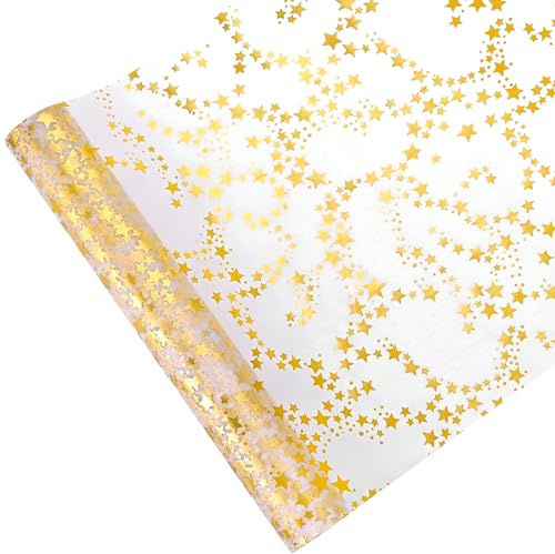 Herboom Chemin de table en organza avec étoiles dorées, 28 cm x 7 m, Chemin de table doré pour Noël et période de l'Avent, Décoration festive pour les occasions spéciales