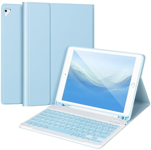 Custodia con tastiera per iPad da 9,7 per 6a generazione 2018, 5a generazione 2017, Air 2/1, Pro 9,7, con portapenne, compatibile con Bluetooth, blu