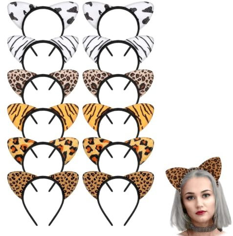 Eowppue 12-teiliges Set Katzenohren Haarreif für Ostern - mit Leopardenmuster Flauschiges Haarband für Mädchen, Haarschmuck für den Alltag und die Weihnachtsfeier