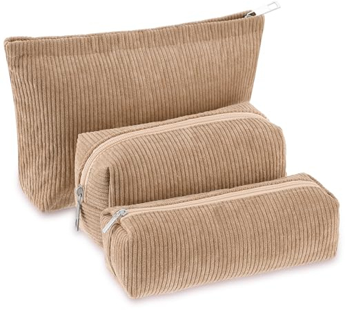 Huhumy 3 Pcs Makeup Bag Set for Women Corduroy Cosmetic Pouch Aesthetic Smile Travel Toiletry Bag Cute Purse Pouch Pencil Case Makeup Brushes Storage Organizer with Zipper(Khaki,Solid Style)