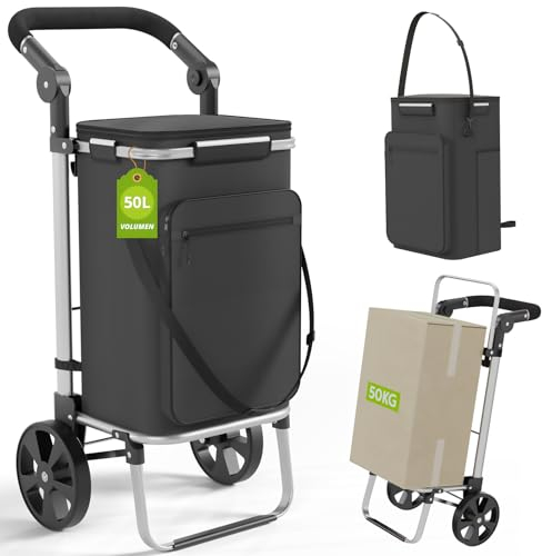 3in1 Einkaufstrolley, Trolley Klappbar mit Groß 50L, Einkaufswagen mit Kühlfach, Einkaufstasche mit Rollen, Tasche abnehmbar, Trolley Sackkarre Ideal für Senioren, Camping, Reisen & Alltag