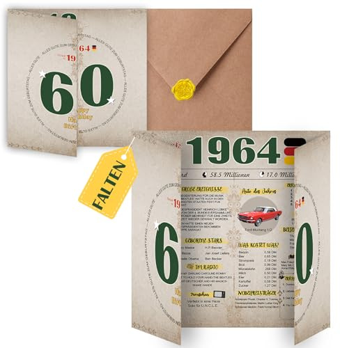 Sugeru Besondere Geburtstagskarte 60 mit Umschlag | 1964 Jahrgang Geschenk | 60 geburtstag frau mann | Sechzigsten Geburtstagsdeko lustig,Tolle Geschenkidee,Chronik,Karte,Jubiläum- DIN A4 (60 Jahre)