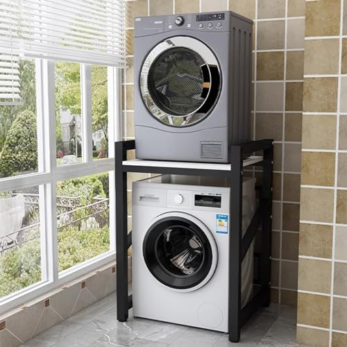 WABMJGW Washer Dryer Stand Stacking Kit,Drum Washing Machine Cabinet Storage Rack,Height Adjustable Washer Storage Rack Unit,4cm Thick Steel Frame,Non-Slip Feet,C-73x63x105cm