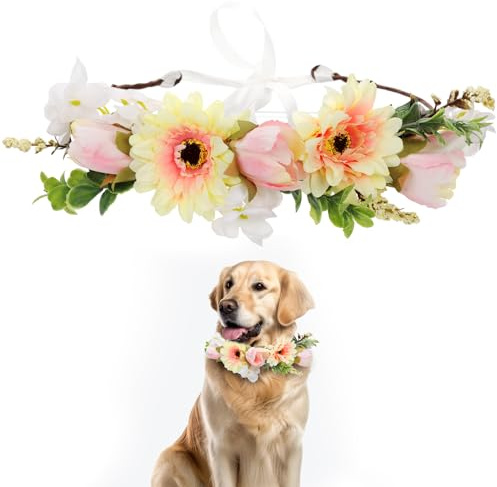 Hunde Hochzeitsblumenhalsband, Hundehochzeitskranz Schleife Haustier Blumenhalsband Blumenkranz Florale Hundekleidung Foto Requisiten Ring für Hunde Haustier Hochzeitsdekoration