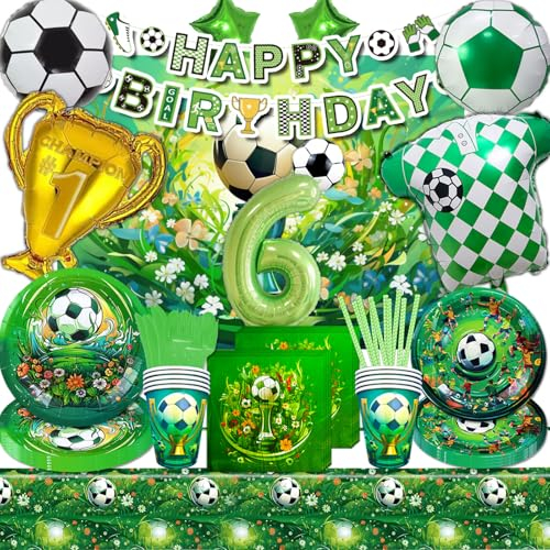 Mowtential 101 Piezas Deco Futbol Cumpleaños 6 Años,2025 nuevo Verde Niño,Globos Futbol Tema,Vajilla,Pancarta,Plato,Fondo,Servilleta,Taza(Fiesta Futbol 6 Años)