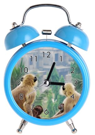 Children's Alarm Clock Retro Silent Pointer Clocks Round Number Dual Bell s Loud Alarm Clock Blue Colors Bedside Night Light Home Decors Four Monkeys Sitting on Soil Watching Houses and Palm Trees