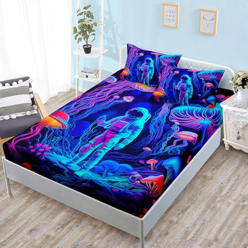 Spannbettlaken 160x200cm Quallen Astronaut Bettlaken 160 x 200 Mikrofaser Topper Spannbettlaken 160x200 Spannbetttuch 160x200 Atmungsaktiv Bed Linen Waschbar Bettbezug 160x200 30cm Tiefe