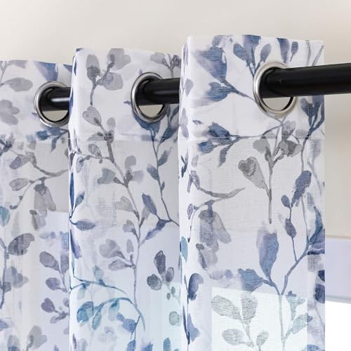 L.Z.E Vorhänge Blau für Wohnzimmer, Gardinen Dunkelblau mit Ösen, Transparent Gardine Ösen Vorhang für Schlafzimmer Fenster, 2er Set Blätter Muster Leinenoptik Schals 245 cm Lang (LZE2226E-BL245)