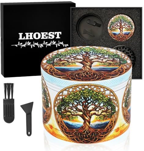 LHOEST Grande Grinder 63 MM Macinaspezie Manuale Metallo Grinder con 40 Denti Macinaspezie 4 Strati Grinder Marrone Albero Progetto con Raschietto e Spazzola in Plastica per Spezie Cucina