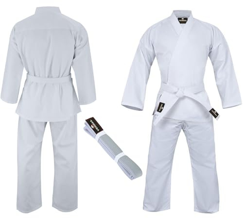 VERSAL Karate Gi för barn/vuxna karate-uniform | student vit karatedräkt | 8 oz lätt polybomull kampsport träning sparring Taekwondouniform med bälte (Storbritannien, siffra, 190, vit), Vitt