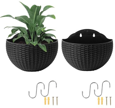Penlimly Wall Hanging Flower Pot, 2 Pieces Imitation Rattan Semicircle Hanging Planter with Drainage Hole and Hooks, Garden Plant Containers Flower Pot for Railing Balcony Fence Indoor Outdoor Use