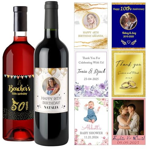 Personalisiertes Weinflaschenetikett, individuelles Foto, Weinetikett, Vinyl-Flaschenetikett, Aufkleber für Verlobung, Geburtstag, Abschlussfeier, Hochzeit, 13 x 8 cm, 4 Stück, Geburtstag