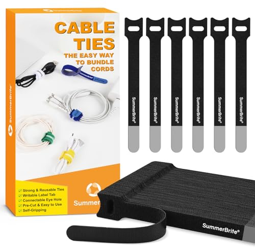 Summerbrite 60PCS Black Cable Ties Reusable Cable Straps Adjustable Hook and Loop Ties Cable Tidy Fastening Straps for Home & Office Desk PC Cable Management(12mm x 20cm)