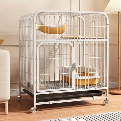 Katzenkäfig, Große Etage for Den Innenbereich mit Rädern Und Tablett, HD-transparenter Zaun Und Stabiles Metallgitter, Mobiler Katzenlaufstall(Wit)