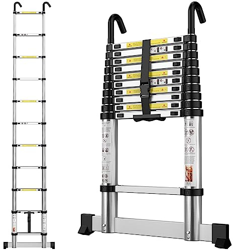 Escaleras Plegables Aluminio, 3,19m Escalera Telescópica, Escalera Plegable Portátil, con Barra Estabilizadora y Ganchos Extraíbles Adecuado para Mantenimiento del hogar, Camping, Carga 150 KG
