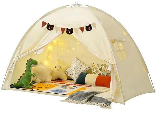Kinderzelt Indoor Spielzelt Kinder Groß, 195 X 98 X 125 cm Kinderzimmer Spielhaus mit 2 Fenstern, Vorhang & Fahnen, Maschinenwaschbar, für Spielzimmer, Party, Schneller Aufbau (Beige)
