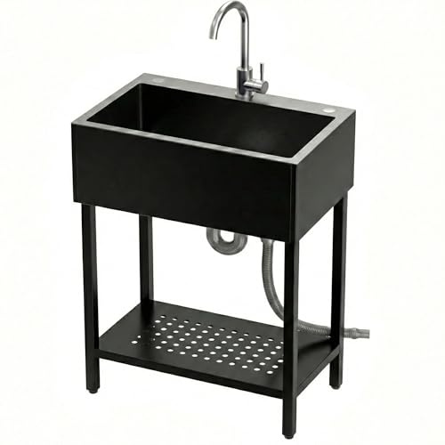 Utility Sink Laundry Tub, 26 Stainless Steel Freestanding Sink with 12-Gallon Oversized Basin, Clog-Free Design for Garage, Laundry Room, Basement, Backyard, Quick 10-Min Single-Person Installation