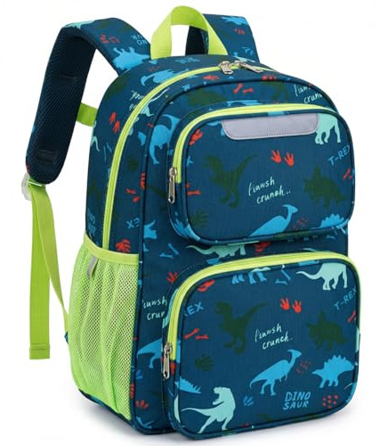 Bagseri Kids Backpack for Boys - 15L School Bag for Kids 4-8 Years | Fits A4 Folder, Insulated Pocket, Comfort Padded Straps & Chest Clip, Kids Rucksack for Reception to Year 3, Green Dinosaur