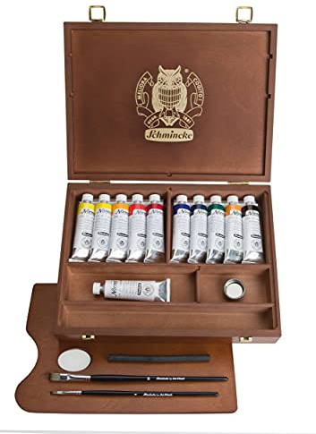Schmincke - Norma® finest oil colours, premium wooden box, 11 x 35 ml set oil painting, 71 310 097, accessories: palette plug, drawing charcoal, 2 daVinci brushes.