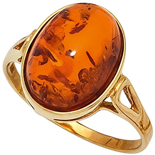 Jobo Damen-Ring breit aus 9 Karat 375 Gold mit Bernstein Oval Größe 60