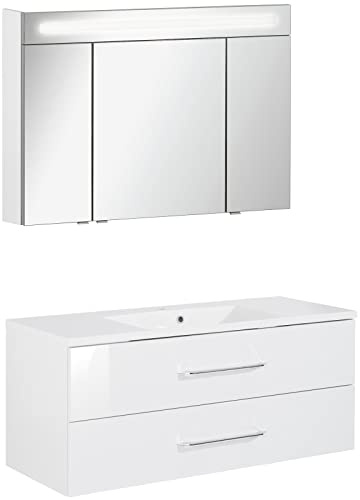 FACKELMANN Badmöbel Set B.Clever 2-TLG. 120 cm weiß mit Waschtisch Unterschrank inkl. Gussmarmorbecken & LED Spiegelschrank