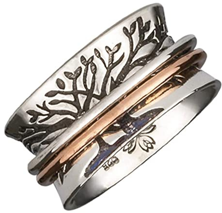 Energy Stone DOPPELTER BAUM Meditations-Drehring mit 1 Messing- und 1 Kupferreif (SKU UK59)