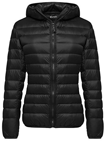Wantdo Piumino Leggero Ripiegabile Giacca con Cappuccio Antivento Giubbotto Corto Slim Fit Capispalla da Montagna Caldo Invernale Donna Nero XS