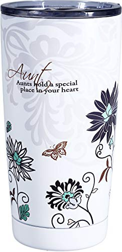 Pavilion Gift Company - Aunt - 20 Oz Floral Double-Walled Stainless Steel & Plastic Travel Coffee Cup Mug With BPA-Free Slide Open Lid, white