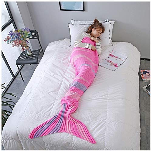 YOUCAI Meerjungfrau Decke, Handgemachte Häkeln Weiche Strick Meerjungfrau Schwanz Decke TV Decke Strickmuster Schlafsack für Erwachsene Mädchen Kinder Pink 90x190cm