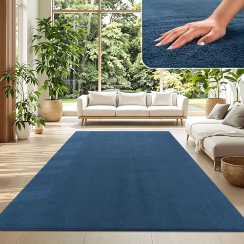 TT Home Wohnzimmer Teppich Kurzflor Anti-Rutsch Rückseite Unifarben Modern Waschbar, Farbe: Blau Navy, Größe:140x200 cm