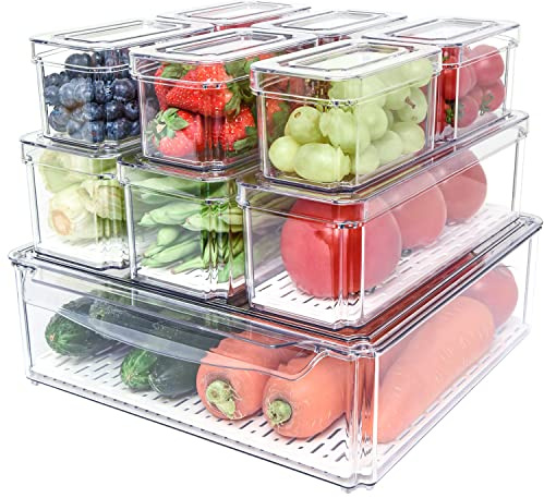 POMEAT 10 Pack Fridge Organizer, Stackable Refrigerator Organizer Bins with Lids, Produce Fruit Storage Containers for Storage Clear for Food, Drinks, Vegetable Storage