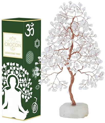 Crocon Klarer Quarz Kristall Baum des Lebens, Handgefertigter Edelstein Baum, Chakra Baum des Lebens, Natürlicher Quarzsockel, Geldbaum Bonsai, Feng Shui Baum, Heilkristall, spirituelles Geschenk