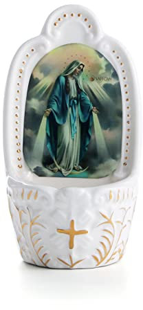 Porcelain Catholic Holy Water Font Virgin Mary Holy Water Font for Entrance of Home Church Wall Hanging Decor Great Gift for First Communion, Confirmation, or New Home, Catholic