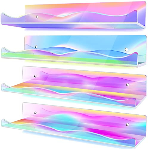 LINYAPRY 4 Packs Iridescent Acrylic Floating Shelves, 15.7 Inch Clear Acrylic Display Shelf Wall Mounted, Invisible Dolls Pop Display Shelves Wall Ledge Bookshelf for Kids Room Bathroom Dorm