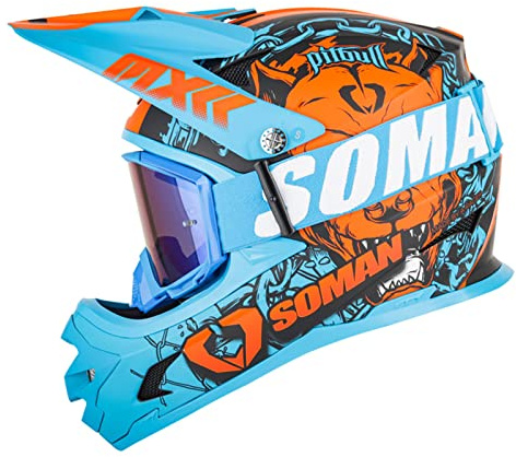 Casco Motocross Bambino Set, Casco da Cross, Casco MTB Integrale Adulti E Bambini, Casco da Downhill Con Occhiali Omologato DOT/ECE Casco Moto Cross (Arancio Blu, S-XXL)