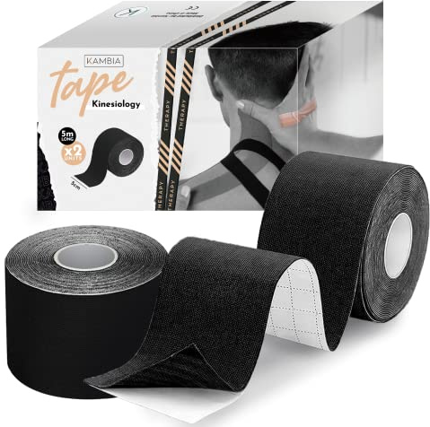 KAMBIA kinesiotape, bandes kinésiologiques, bandage neuromusculaire, kinesiotape bandage neuromusculaire, bandes kinésiologiques pack 2 rouleaux 5m x 5cm noir.