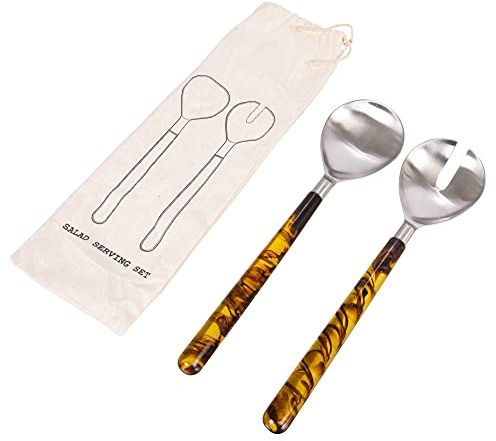 Creative Co-op Stainless Steel Marbled Resin Handles, Set of 2 Styles Salad Servers, Brown