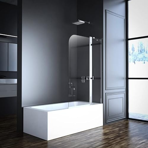 Duschwand für Badewanne 2-teilig 100x140cm Glas Duschabtrennung, Faltbar Badewannenaufsatz Duschtrennwand Faltbare mit festem Segment, Klappbar Badewannenfaltwand 6mm EGS Easy-Clean Sicherheitsglas