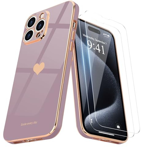 Teageo für iPhone 15 Pro Hülle+2 Schutzfolie Herzmuster, SakuraLila