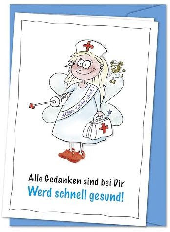 Karte Gute Besserung - Alle Gedanken bei Dir - Karte mit süßer Fee, um zusammen gute Besserung zu wünschen, Genesungskarte für Familie, Kollegen, Freunde - XXL Grußkarte inkl. Umschlag (DIN A4)