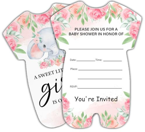 LyoGao Einladungen für Babypartys mit Elefantenmotiv für Mädchen, Blumenmotiv, Babyparty, Party, Einladungskarten mit Umschlägen, 20 Stück