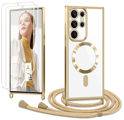 Ethanger Handyband für Samsung Galaxy S23 Ultra 5G Hülle mit Band + 2 Stück Schutzfolie Transparent Silikon Handyhülle Magnetische Schutzhülle zum Umhängen Kordel für Samsung S23 Ultra Gold