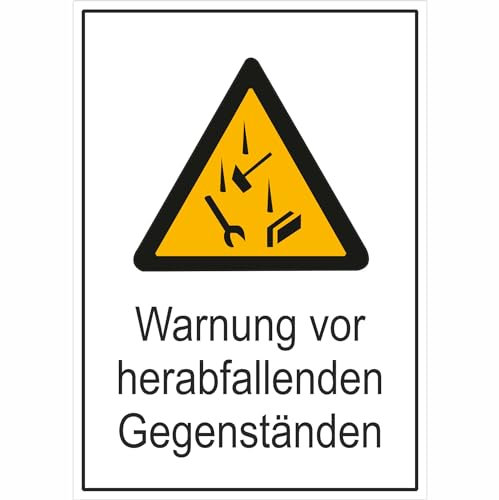 Indigos UG - 3mm Aluverbundplatte - Vorsicht! Herabfallende Gegenstände Warnschild - 13,1x18,5 cm - Warnung - Sicherheit - Hotel, Firma, Haus