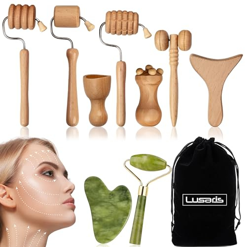 LUSARIS - Kit de madérothérapie faciale + gua sha facial et rouleau jade authentique 9 pièces - Kit de massage facial raffermissant - Pack de 9 massages faciaux premium avec gouasha faciale et rouleau