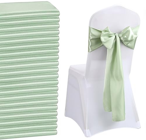 QeeFop 50 Stück Salbeigrün Satin Schärpe Hochzeit Stuhl Bogen, Elastische Stuhlschärpen Stuhl Schärpen für Hochzeitsdekoration Geburtstag Bankett Party Stuhlhussen Feier Dekoration (Salbeigrün)