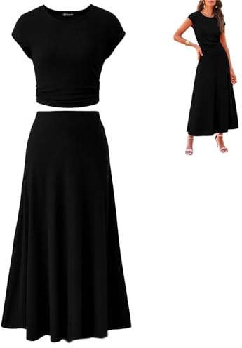 REINNAT Solnedgång ros kjol set, kvinnor tvådelad kjol set casual ribbad stickad rund hals kort, sommar tvådelad kjol set, Svart, S